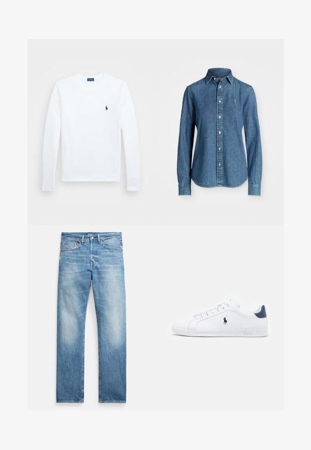 Valge pikkade varrukatega särk, puuvillane materjal, ümmargune kaelus, väikese tumepMereväe logoga vasakul rinnal. Lihtne disain, regulaarne lõige.; Keskmiselt sinine teksapaita, pikkade varrukatega, nööpidega krae ja logoga aksent rinnal. Omab kumerat äärist ja standardset lõiget.; Helehallid sirgelõikelised teksad, kergelt tuhmuv, viie taskuga, metallsete tihvtidega ja nööpidega lukuga, Polo brändi sildistusega vöökohal.; Valged nahast spordijalanõud sileda pinnaga, tumesinised detailid ja väike logo külgedel. Omab lapikud paelu ja tekstureeritud kummitalda.