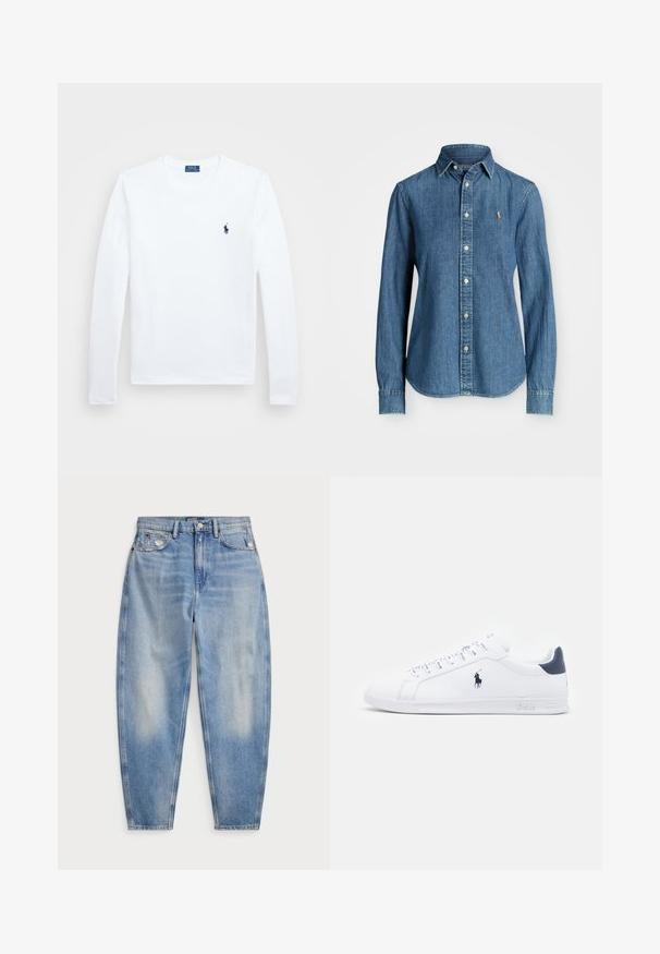 Fehér hosszúujjú póló, pamut anyagból, kerek nyakkivágással, bal mellen kis sötétkék logóval. Egyszerű dizájn, normál szabású.; Médiumméretű kék farmering, hosszú ujjal, gombos gallérral és logóval a mellkason. Ívelt alsó részével és normál szabásával rendelkezik.; Világoskék, magas derekú farmernadrág, szűkített lábbal, elülső és hátsó zsebekkel, enyhe kopásokkal az elülső zsebek mellett és gombos záródással.; Fehér bőr sportcipők sima felülettel, tengerészkék részletekkel és egy kis logóval az oldalukon. Lapos fűzőkkel és texturált gumi talppal rendelkezik.