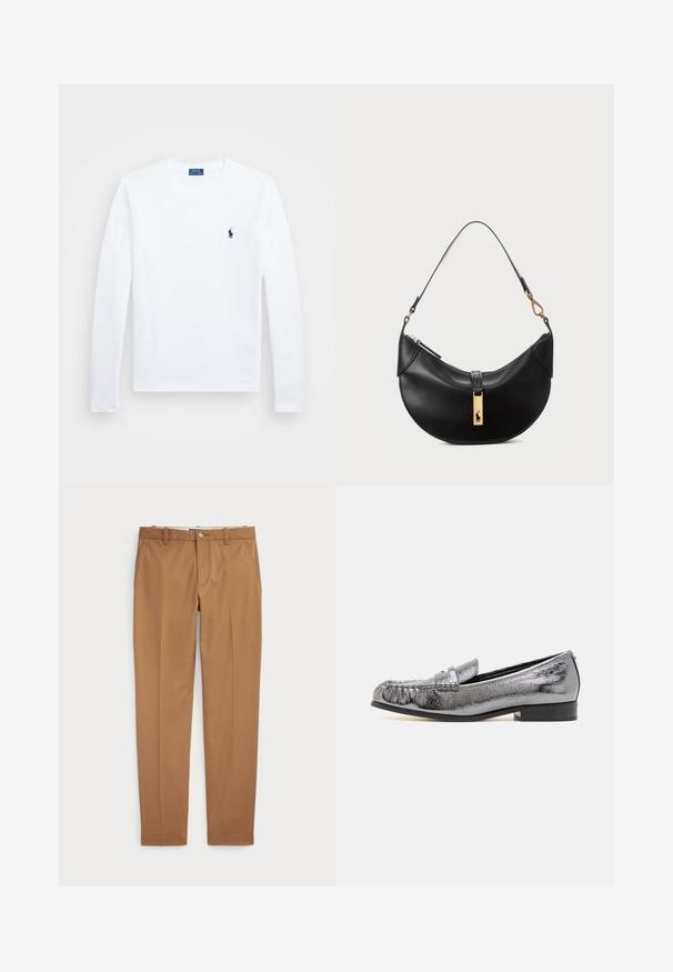 Balta ilgomis rankovėmis marška, pagaminta iš medvilnės, apvalia kaklaskare. Kairėje krūtinės pusėje yra mažas tamsiai mėlynas logotipas. Paprastas dizainas, reguliaraus kirpimo.; Rudos medvilnės kelnes su siauru siluetu, lygiu priekiu ir standartinėmis kišenėmis; sklandžios tekstūros ir apkarpytais rankogaliais.; Metalizuotos sidabrinės odinės loafer'iai su tekstūruotu paviršiumi, turintys fringo detalę ir žemą juodą kulną. Klasikinė ir elegantiška forma.; Juodos odos rankinė pusmėnulio forma. Papuošta auksinėmis detalėmis ir siaura juosta. Lygi tekstūra, užtrauktuko uždarymas viršuje.