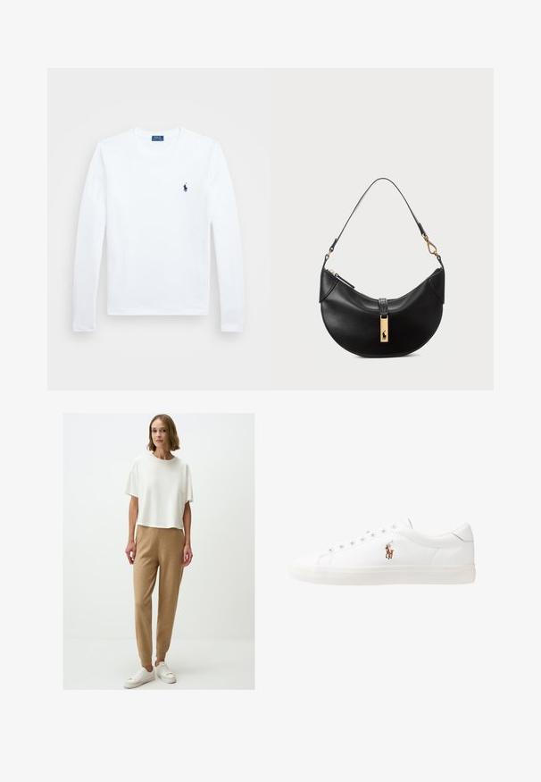 Weißes Langarmshirt aus Baumwolle, runder Ausschnitt, mit kleinem blauem Logo auf der linken Brust. Einfaches Design, reguläre Passform.; Weißes, kurzärmliges, übergroßes T-Shirt, kombiniert mit hellbraunen, schmal zulaufenden Jogginghosen mit gerippten Bündchen und weißen Turnschuhen. Glatte Textur.; Weiße Leder-Sneaker, niedrig geschnitten, mit glatter Textur, runder Zehenpartie, Schnür vorne und kleinem gesticktem Logo an der Seite.; Schwarze Lederhandtasche in Halbmondform. Verfügt über eine goldene Hardware-Akzentuierung und einen schmalen Tragegurt. Sanfte Textur, Reißverschlussverschluss an der Oberseite.