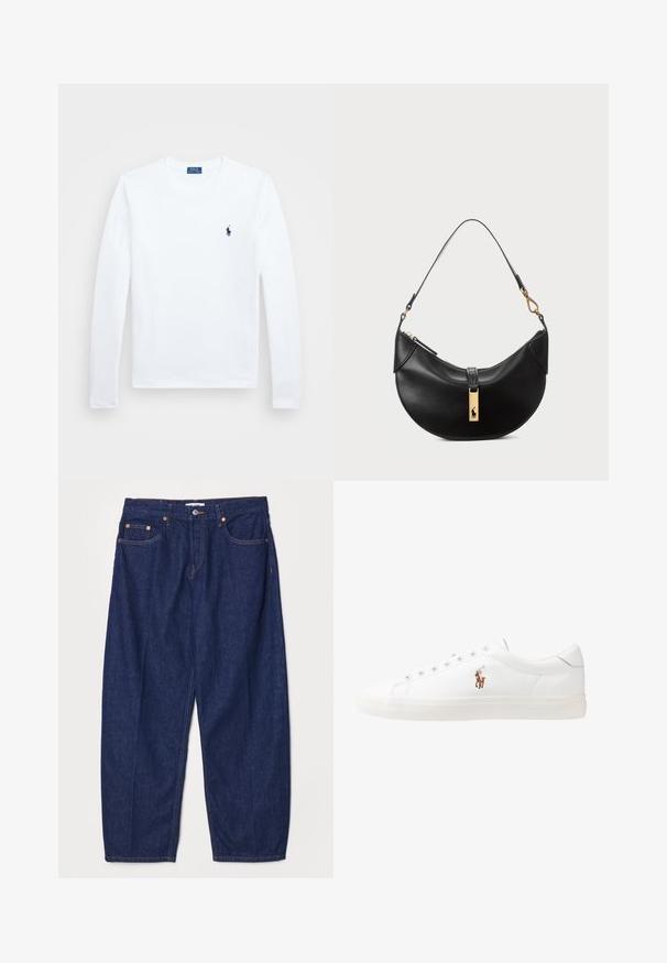 Witte langemouwen shirt, van katoen, met een ronde halslijn, voorzien van een klein marineblauw logo op de linkerkant van de borst. Eenvoudig ontwerp, normale pasvorm.; RE/DONE WIDE TAPER - Relaxed fit jeans - deadstock like; Witte leren sneakers, laag model, met een gladde textuur, ronde neus, vetersluiting aan de voorkant en een klein geborduurd logo aan de zijkant.; Zwarte leren handtas in een halve maanvorm. Voorzien van een gouden hardware accent en een smalle schouderband. Soepele textuur, ritssluiting aan de bovenkant.