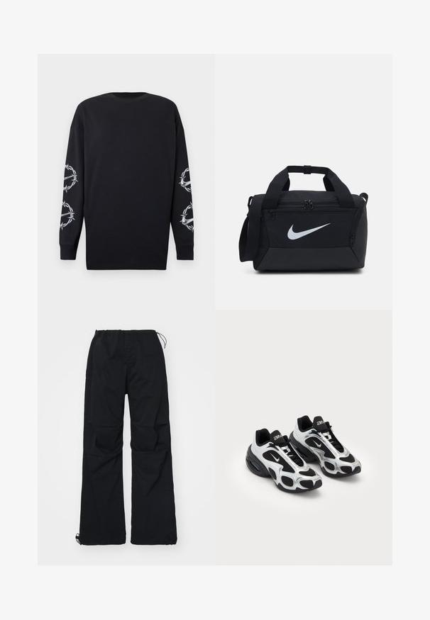 Sort langærmet skjorte med rund halsudskæring, der har hvide ståltråd- og torngrafikker på begge ærmer.; Sorte cargo bukser har en elastisk talje med snor, to sidelommer og et vidde ben design. Fremstillet af slidstærkt stof.; Sorte og sølv atletiske sko med en overdel i mesh og syntetisk materiale, der har et karakteristisk bølget design og polstret krave, samt luftdæmpning i sålen.; Sort duffelbag i et glat stof, med dobbelt lynlåslommer, polstrede håndtag og et stort hvidt Nike-logo på forsiden.