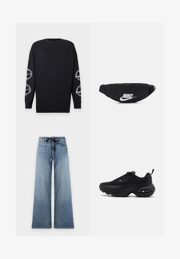 Svart langermet skjorte med rund hals, med hvite grafikker av piggtråd og torner på begge ermer.; Videben bukser i lys blå med en falmet tekstur. Har en justerbar talje med en sort snor og traditionelle lommer.; Svart atletisk sko med en jevn, teksturert overdel. Har rund tå, polstret krage og synlig luftputefor i sålen.; Svart nylon belteveske med glidelås, med en stor hvit Nike-logo. Jevn tekstur og ergonomisk design for komfortabel bruk.