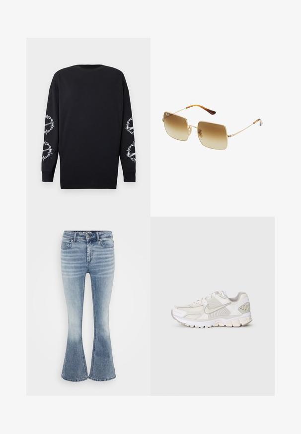 Crna majica dugih rukava s okruglim izrezom, koja na obje rukave sadrži bijele grafike od bodljikave žice i trnja.; Svijetloplave traperice s kružnim nogavicama, s klasičnim dizajnom s pet džepova, zatvaranjem na patentni zatvarač sprijeda i suptilnim posvjetljivanjem duž bedara.; Bijela atletska cipela od mrežastih i sintetičkih materijala. Ima teksturirani dizajn, podstavljeni ovratnik i geometrijske akcentne detalje na peti.; Kvadratne sunčane naočale s gradijentnim smešnim staklima, zlatnim metalnim okvirom i torbačkim naglascima na sljepočnicama.