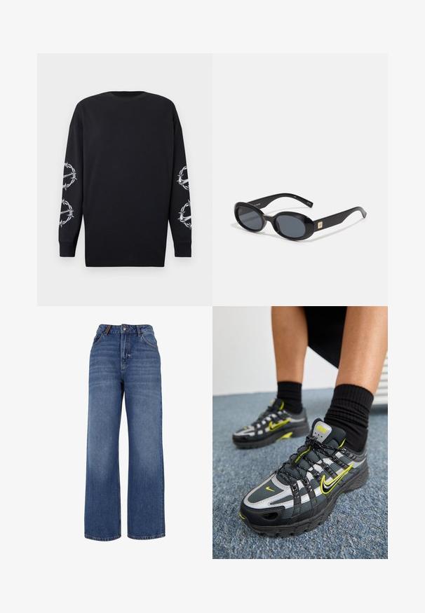 Black long-sleeve shirt with round neckline, featuring white barbed wire and thorns graphics on both sleeves.; Wide-leg denim jeans made from medium-weight blue cotton fabric. Features classic five-pocket design and a zip fly with button closure.; Black and gray athletic shoes with reflective silver accents, textured mesh panels, and bright yellow detailing. Lace-up design with structured sole.; Black oval sunglasses with dark lenses, glossy plastic frame, wide arms, and a small gold accent on one side.; Chunky silver ring with a smooth, polished surface. Featureless design with a slightly wavy shape and a reflective finish.