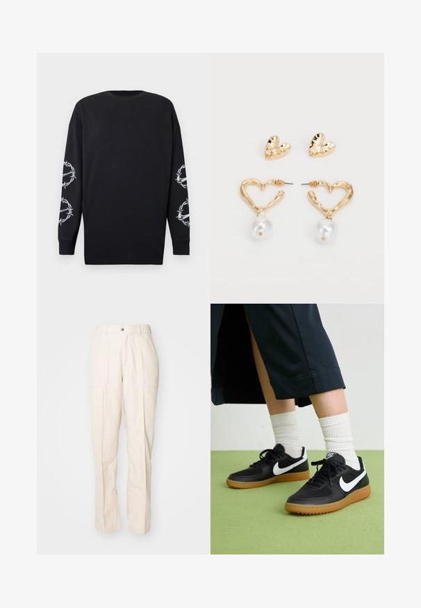 Black long-sleeve shirt with round neckline, featuring white barbed wire and thorns graphics on both sleeves.; Beige, straight-leg pants made of cotton blend fabric. Features two front pockets, a button closure, and visible stitching details.; Black leather and synthetic sneakers with white Nike swoosh, rubber gum sole, round toe, and black laces. Ribbed white socks visible.; Gold-tone heart-shaped earrings with a textured finish, featuring a hanging pearl accent. Includes matching heart stud earrings.