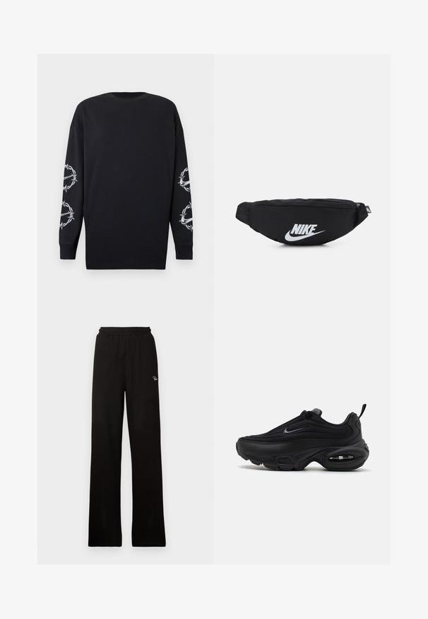 Črna srajca z dolgimi rokavi in okroglo izrezom, ki se ponaša z belimi grafičnimi motivi bodeče žice in trnov na obeh rokavih.; Črne rebraste široke hlače z elastičnim pasom in majhnim dekorativnim logotipom, ki imajo gladko teksturo in polno dolžino.; Črne atletske čevlje z gladkim, teksturiranim zgornjim delom. Imajo okroglo nosnico, oblazinjen ovratnik in vidno zračno blazinico v podplatu.; Črna najlon fanny pakica z zadrgo, ki ima velik bel Nike logotip. Gladka tekstura in ergonomska zasnova za udobno nošenje.
