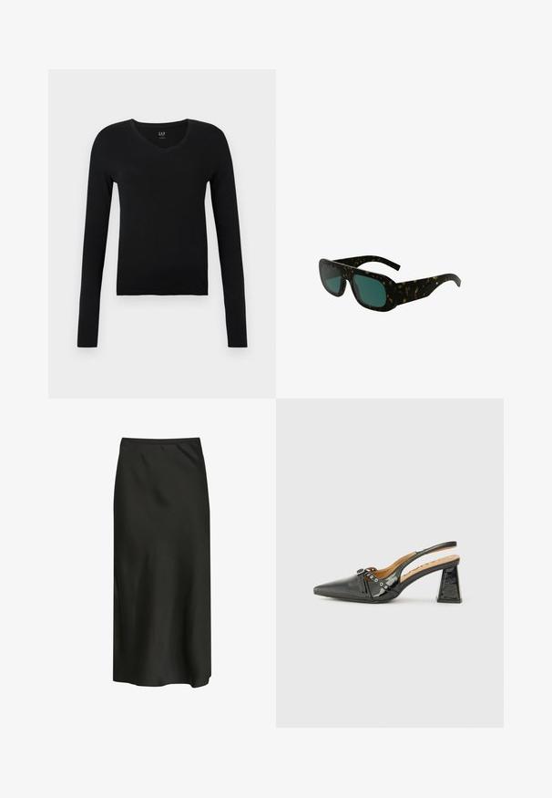 Black long-sleeve V-neck top made from soft cotton, featuring a slim fit and minimalistic design with no additional patterns or accents.; Black midi skirt made of smooth, lightweight fabric. Features a straightforward design with an elastic waistband and a subtle sheen.; Black patent leather slingback shoe with a pointed toe, triangular heel, and decorative strap with silver accents. Smooth texture.; Tortoiseshell sunglasses with dark green lenses, wide rectangular frames, and curved temples, featuring a smooth plastic finish.; Woven fabric handbag in olive green with a spacious, rounded shape and a single, elongated handle for carrying. Textured surface.