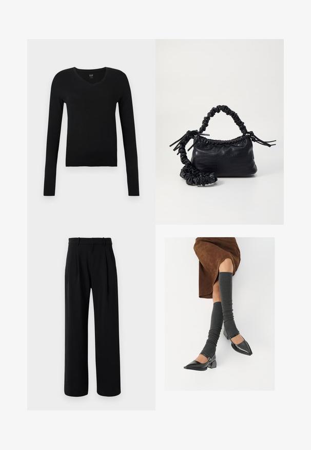 Μαύρη μπλούζα μακρύ μανίκι με V λαιμόκοψη, φτιαγμένη από μαλακό βαμβάκι, με στενή εφαρμογή και μινιμαλιστικό σχέδιο χωρίς επιπλέον μοτίβα ή λεπτομέρειες.; Μαύρο παντελόνι υψηλής μέσης, κομμένο με ευρείες γάμπες, βρόχους της ζώνης και πιέτες μπροστά, σε άσπρο φόντο.; Μαύρες πατεν leather γόβες με αιχμηρή μύτη, τετράγωνη φτέρνα και λουράκι αστραγάλου, συνδυασμένες με γκρι ριγέ ζεστά ποδιές και καφέ σουέντ φούστα.; Μαύρη τσάντα από faux δέρμα με υφή κροκοδείλου, κλειστή στο επάνω μέρος και με ρυτιδωμένο λουρί. Φαίνεται μαλακή και συμπαγής στο σχέδιο.
