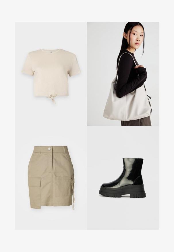 Cropped beige t-shirt made of shimmering fabric with short sleeves and a knotted detail at the hem. Smooth texture and round neckline.; Khaki cargo skirt with front and side pockets, a regular waistband, and a drawstring detail on the side. Made from durable fabric.; Black glossy ankle boot with thick lug sole and rounded toe, side view on plain light gray background.; Beige handbag made of soft material, featuring a slouchy design, stitched detailing, and two shoulder straps. Suitable for everyday use.