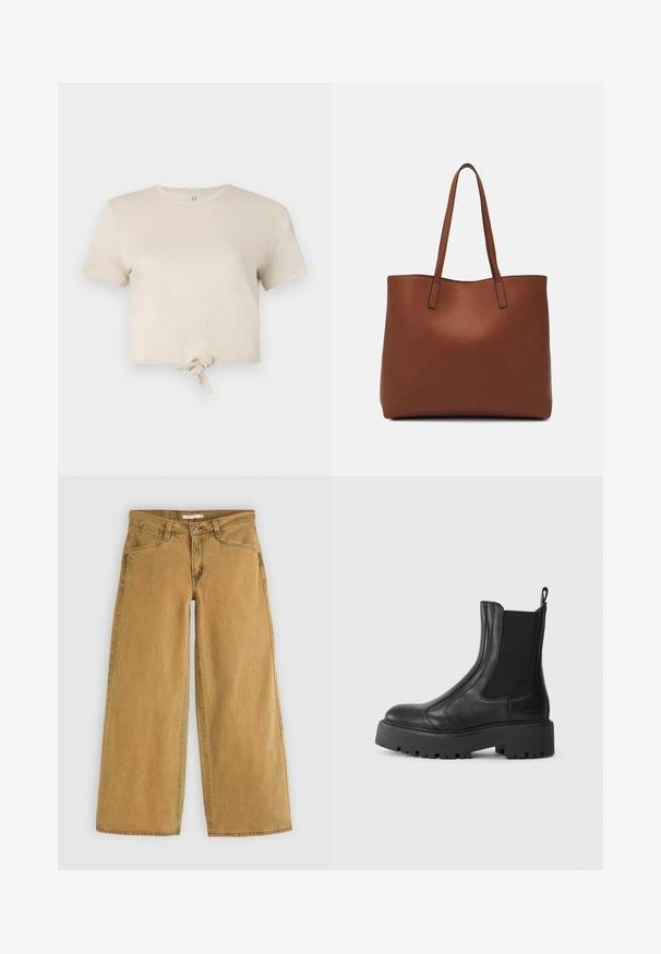 Avkortad beiget t-shirt gjord av glänsande tyg med korta ärmar och en knutdetalj i nederkant. Slät textur och rund halsringning.; Breda ben, bruna denimbyxor med hög midja, featuring en framknappsstängning, fem fickor och en lätt fadead finish.; Svart läderankelboot med elastiska sidopaneler, rund tå och grov texturerad gummisula. Har en dragflik bak.; Brun läder tote-väska med en slät textur, öppen toppdesign och två axelremmar. Har minimal söm och ingen synlig metalldetalj.