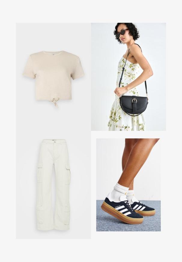 Camiseta corta beige hecha de un tejido brillante, con mangas cortas y un detalle anudado en el dobladillo. Textura suave y escote redondo.; Pantalones cargo de algodón blanco roto, con piernas anchas, bolsillos laterales y cierre de botón en la cintura. Textura suave con diseño utilitario.; Zapatillas deportivas de gamuza negra con rayas y detalles blancos, puntera redondeada, suela de goma color caramelo, combinadas con calcetines blancos acanalados a la altura del tobillo.; Bolso de piel negra con forma curva, correa desmontable y herrajes dorados. El bolso cuenta con una solapa con un detalle de hebilla.