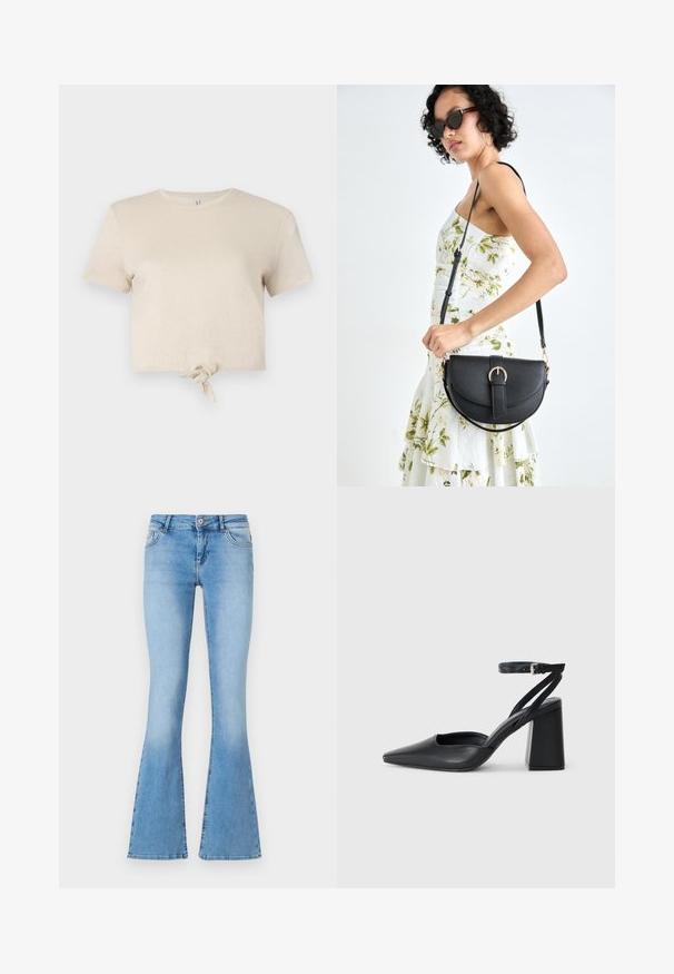 Tricou beige scurt, realizat dintr-un material strălucitor, cu mâneci scurte și un detaliu legat la margine. Textură netedă și decolteu rotund.; Jeans flared de culoare albastru deschis, confecționați din denim, cu talie medie, având buzunare frontale și detalii de cusătură de-a lungul cusăturilor și a marginilor.; Pantofii cu toc ascuțit din piele neagră, cu breteaua pentru glezne și toc gros. Textură netedă, design elegant și estetică minimală.; Geantă din piele neagră, cu o formă curbată, curea detașabilă și accesorii aurii. Geanta are un capac cu un detaliu tip cataramă.