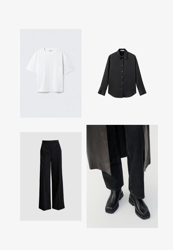 T-shirt bianco a maniche corte in morbido cotone, con scollatura rotonda e vestibilità rilassata con orlo dritto, semplice e senza fantasie o grafiche.; Maglietta nera a maniche lunghe in tessuto morbido, con colletto classico, chiusura frontale con bottoni dorati e polsini ampi.; ANDIATA GISELLA - Pantaloni - black; Stivali alla caviglia in pelle nera con punta quadrata e suola spessa, abbinati a jeans di denim scuro risvoltati alla caviglia. Texture liscia e design elegante.