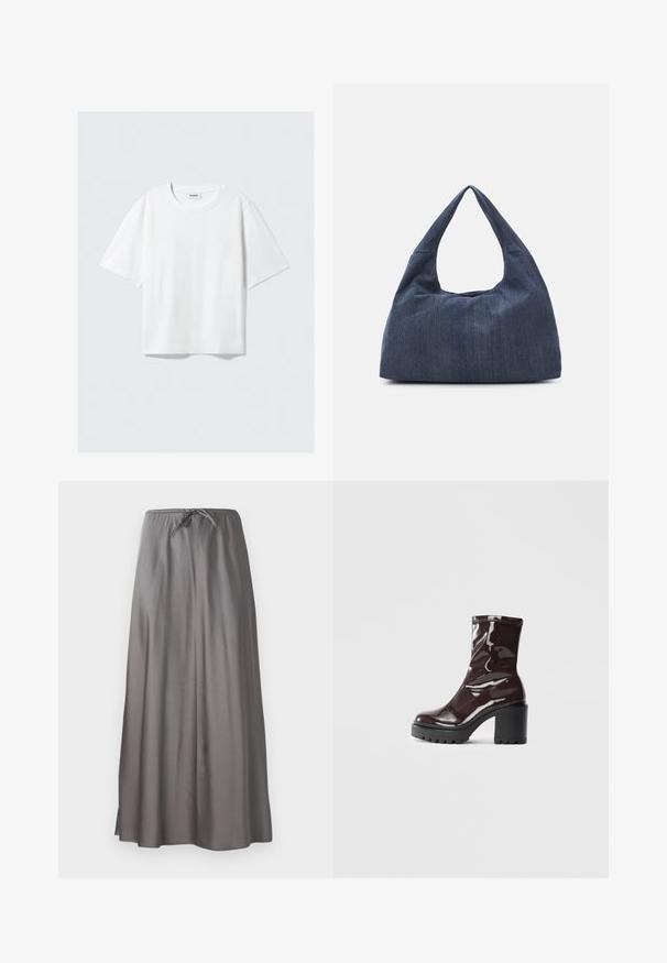 Balts īsām piedurknēm T-krekls no mīksta kokvilnas auduma, ar apaļu kakla izgriezumu un brīvu piegriezumu, taisnu apakšmali, vienkāršs, bez rakstiem vai grafikām.; Pelēka maxi svārki, izgatavoti no gludas, vieglas auduma. Aprīkoti ar elastīgu jostasvietu ar auklu un sānu šķēlumiem, lai nodrošinātu brīvu kustību.; Spīdīgas bordo potīšu botītes ar masīlu melnu papēdi, kurām ir gluda tekstūra un vienkāršs dizains. Nav redzamu aizdari vai rakstu.; Tumši zilās džinsu soma ar mīkstu, vaļīgu formu, aprīkotā ar hobo stila rokturi un teksturētu virsmu. Nav redzamu metāla detaļu.