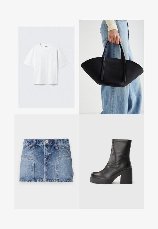 Rövid ujjú fehér póló puha pamut anyagból, kerek nyakkivágással és laza fazonnal, egyenes aljjal, minta vagy grafika nélküli.; Világoskék farmer mini szoknya. Elöl zsebekkel, gombos záródással és övtartókkal rendelkezik. Sima textúrája és laza dizájnja van.; Fekete, félmagas bőr csizma vaskos tömbsarokkal és platform talppal, egyszerű fehér háttérrel.; Fekete bőr kézitáska egyedi legyezőformával, lapos füllel. A felülete kőriszerű textúrájú és minimalista dizájnnal rendelkezik.