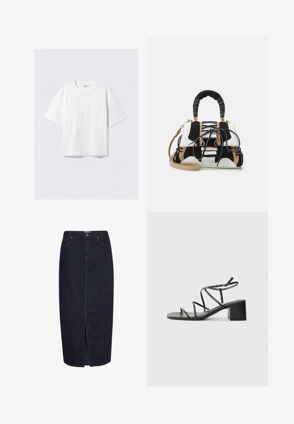 Balta trumpa rankovė t-shirt marškiniai iš minkštos medvilnės, su apvaliu kaklu ir laisvu siluetu, tiesia apatine dalimi, be raštų ar grafikų.; Tamsiai mėlyna maxi sijonas su priekiniu įplyšimu. Yra oranžinės siūlės ir klasikinis penkių kišenių dizainas. Mygtukų užsegimas juosmens srityje.; Juodos diržinės šlepetės su kvadratine nosimi ir masyviu kulnu, pagamintos iš lygios medžiagos. Yra reguliuojamos kulkšnies juostos ir minimalus aparatūra.; Daugiaspalvė rankinė su juoda, balta ir smėline tinkleliu. Yra tekstūruota rankena, nertimo dizainas ir nuimamas peties diržas.