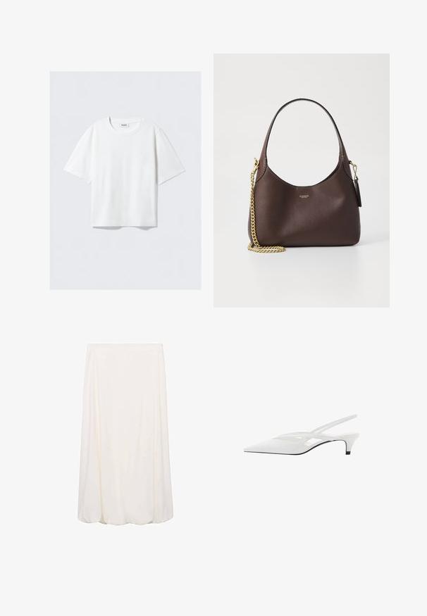Biele tričko s krátkym rukávom z jemnej bavlnenej tkaniny, s okrúhlym výstrihom a uvoľneným strihom so rovnými okrajmi, jednoduché bez vzorov alebo grafiky.; Biela sukňa po kolená so splývavým dizajnom a jemnou textúrou. Jednoduchý štýl bez viditeľných vzorov alebo kovových detailov.; Biele slingback podpätky s špicatou špičkou, s hladkým zvrškom, jemnými výrezmi a nízkym blokovým podpätkom. Čierna podrážka zvýrazňuje dizajn.; COACH BROOKLYN SHOULDER BAG 23 - Kabelka - maple