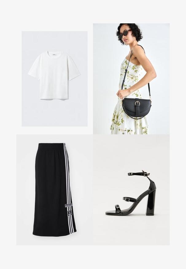 Camiseta branca de manga curta em tecido de algodão macio, com decote redondo e corte relaxado, com bainha reta, lisa sem padrões ou gráficos.; Saia atlética preta com cintura elástica, apresentando três riscas brancas de um lado e um logo da Adidas como um patch. Textura de tecido suave.; Sandálias pretas de verniz com salto alto, duas fivelas, biqueira quadrada e salto largo, apresentando uma textura lisa e brilhante.; Bolsa de couro preta com forma curva, alça destacável e detalhes em dourado. A bolsa possui uma aba com detalhe de fivela.