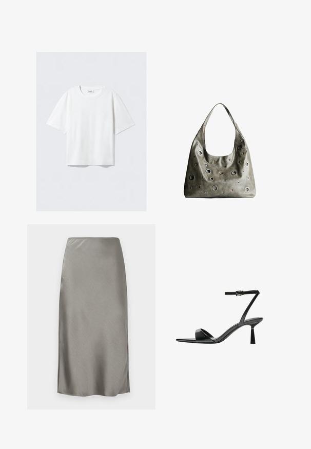 Valkoinen lyhythihainen t-paita pehmeästä puuvillakankaasta, jossa on pyöreä pääntie ja rento istuvuus suoran helman kanssa, yksinkertainen ilman kuvioita tai grafiikkaa.; Harmaa satiini-mittapituinen hame, jossa on sileä ja tuntuva kangas. Kevyet sivupäällysteet parantavat liikkuvuutta. Minimalistinen muotoilu, istuva vyötärö ja suora siluetti.; Bershka Korolliset sandaalit - black; Oliivinvihreä nahkalaukku, jossa on rento muotoilu, ja jossa on erilaisia kokoisia pyöreitä läpivientejä sekä tummempia ja vaaleampia yksityiskohtia.