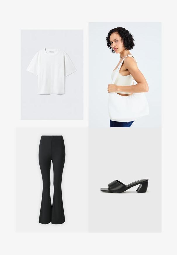 White short-sleeve t-shirt in soft cotton fabric, featuring a round neckline and relaxed fit with straight hem, plain without patterns or graphics.; Black flared trousers made from stretchy fabric. Features a high waistband and a smooth, fitted design that flares from the knee downward.; Black heeled sandal featuring a smooth faux leather upper, open toe design, and a distinctive angular heel. Minimalist square-shaped footbed.; White shoulder bag made of smooth material, featuring an oval cutout and wide strap design. Simple and modern with no visible hardware.; Gold-tone metal earring with a sleek, curved design. Features a distinctive pointed shape, polished surface, and hinge closure.