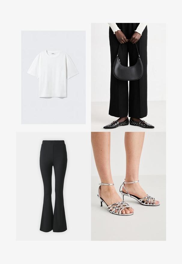 Balta trumpa rankovė t-shirt marškiniai iš minkštos medvilnės, su apvaliu kaklu ir laisvu siluetu, tiesia apatine dalimi, be raštų ar grafikų.; Juoda platės kelnės, pagamintos iš tamprios medžiagos. Turi aukštą juosmenį ir glotnią, prisitaikančią struktūrą, kuri išsiplėtė nuo kelio žemyn.; Sidabriniai šlepetės su kryžminiu dizainu, atviromis pirštų dalimis ir plonu stiletto kulnu. Yra švelnus kulkšnių dirželis, užtikrinantis atramą.; Juoda odinė petneša su apvalia forma, blizgiu paviršiumi ir sidabro spalvos detalėmis. Asmuo dėvi juodas plačias kelnes ir uždubentus batelius su kuokšteliais.