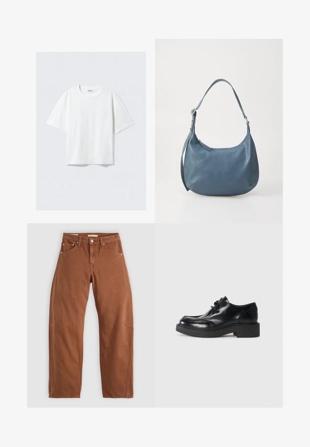 Vit kortärmad t-shirt i mjuk bomull, med rund halsringning och avslappnad passform med rak fåll, enfärgad utan mönster eller grafik.; Rostbruna raka jeans med fram- och bakfickor, metallnitar, knappstängning och bältesöggor, liggande platt på en vit bakgrund.; Svart lädersko i oxfordstil med rund tå, snörning och tjock svart gummisula. Slät yta och minimala sömnadsdetaljer.; Blå läderhandväska med rundad form, enkel axelrem, zipförslutning och präglat varumärke framtill. Slät textur.