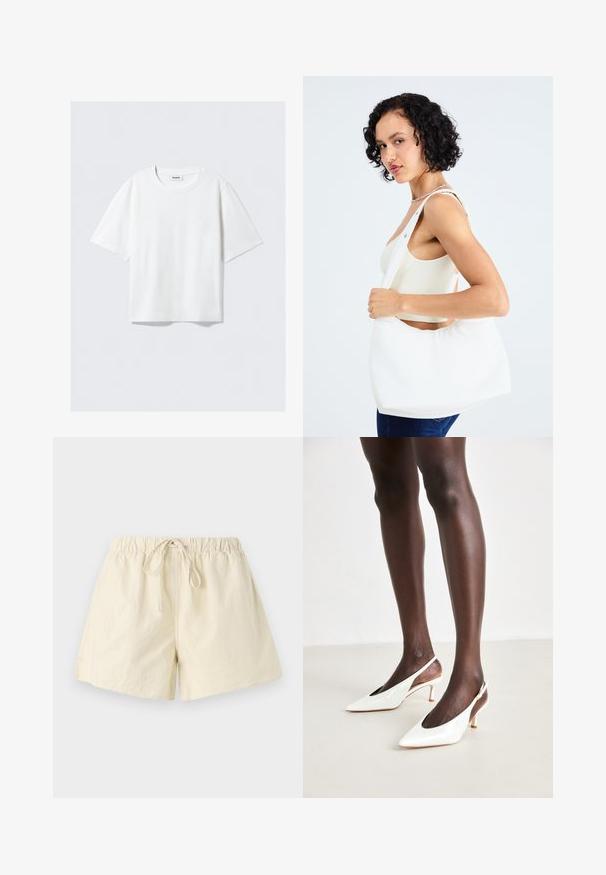 White short-sleeve t-shirt in soft cotton fabric, featuring a round neckline and relaxed fit with straight hem, plain without patterns or graphics.; Beige elastic waistband shorts with a drawstring tie, featuring a relaxed fit and smooth texture. No visible pockets or patterns.; White patent leather slingback heels with a pointed toe, slender heel, and open sides; smooth texture and minimalistic design.; White shoulder bag made of smooth material, featuring an oval cutout and wide strap design. Simple and modern with no visible hardware.