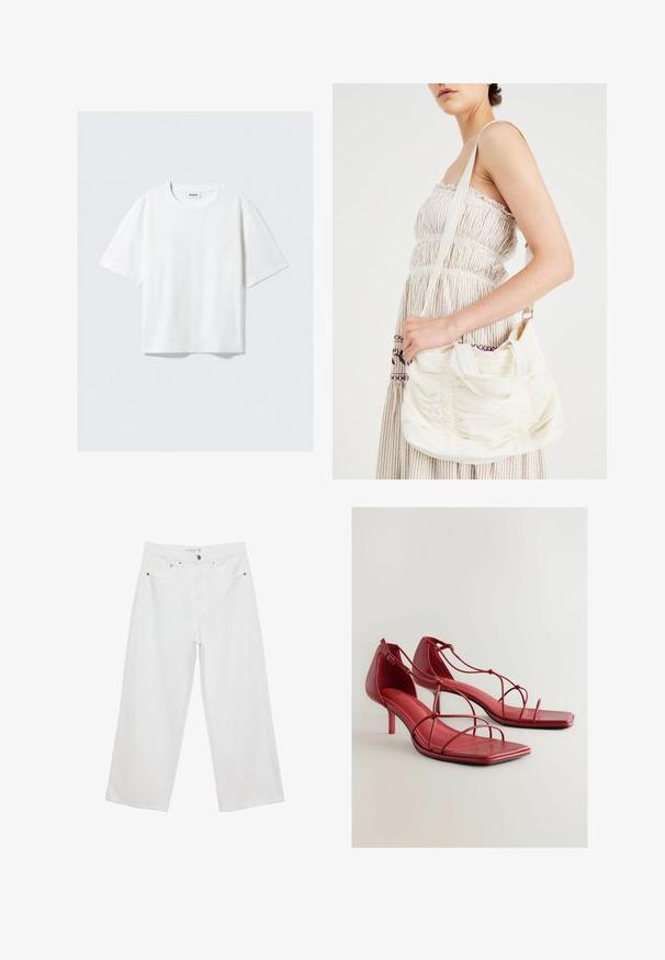Witte t-shirt met korte mouwen van zachte katoen, met een ronde halslijn en een ontspannen pasvorm met rechte zoom, eenvoudig zonder patronen of graphics.; Witte wijde jeans van denim met een hoge taille, voorzien van vijf zakken en metalen hardwareaccenten. Gladde textuur, geen zichtbare patronen.; Rode leren hoge hak sandalen met vierkante neuzen, meerdere dunne bandjes over de voet en een verstelbare enkelgesp. Gevoerde binnenzool.; Witte stoffen schoudertas met geraffineerde textuur, verstelbare schouderband en zilverkleurige hardware. Naast een crèmekleurige jurk weergegeven.