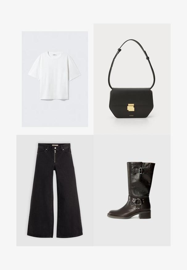 Camiseta branca de manga curta em tecido de algodão macio, com decote redondo e corte relaxado, com bainha reta, lisa sem padrões ou gráficos.; Calças de ganga de perna larga em denim preto com fecho éclair à frente, design de cinco bolsos e detalhes de costura subtil. Textura suave e estilo casual.; Bota castanha de couro até ao joelho com bico arredondado, detalhe de fivela lateral e salto robusto. Textura suave com acessórios metálicos na tira.; CLOSED CLOSED ONE - Mala a tiracolo - black