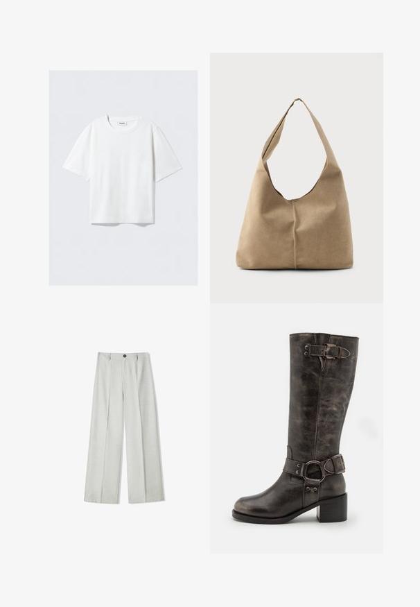 Rövid ujjú fehér póló puha pamut anyagból, kerek nyakkivágással és laza fazonnal, egyenes aljjal, minta vagy grafika nélküli.; Világosszürke, bő szabású nadrág textúrált anyagból, gombos záródással és két pliszszel elöl az extra részletesség érdekében.; Fekete bőr, térdig érő csizma, vastag blokk sarkal, bokán csattal és pánttal díszítve, valamint textúrált felülettel.; Puha bézs velúr hobo táska laza formával, széles vállpánttal és kézzel varrt varrási részlettel az elején.