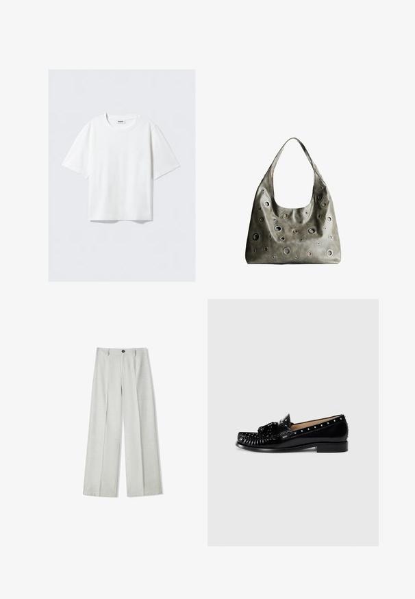 Bijela majica kratkih rukava od mekanog pamuka, s okruglim izrezom i opuštenim krojem sa ravnim rubom, jednostavna bez uzoraka ili grafika.; Svijetlosive hlače širokih nogavica napravljene od teksturirane tkanine, s kopčanjem na dugme i dva nabora sprijeda za dodatni detalj.; Crne kožne cipele na loafer, s dekorativnim šavovima, metalnim zakovicama uz gornji dio, niskom petom i teksturiranim mašnom sprijeda.; Maslinasto zeleni kožni ručni kovčeg s opuštenim dizajnom, s raznim kružnim izrezima različitih veličina i naglascima u tamnijim i svjetlijim nijansama.