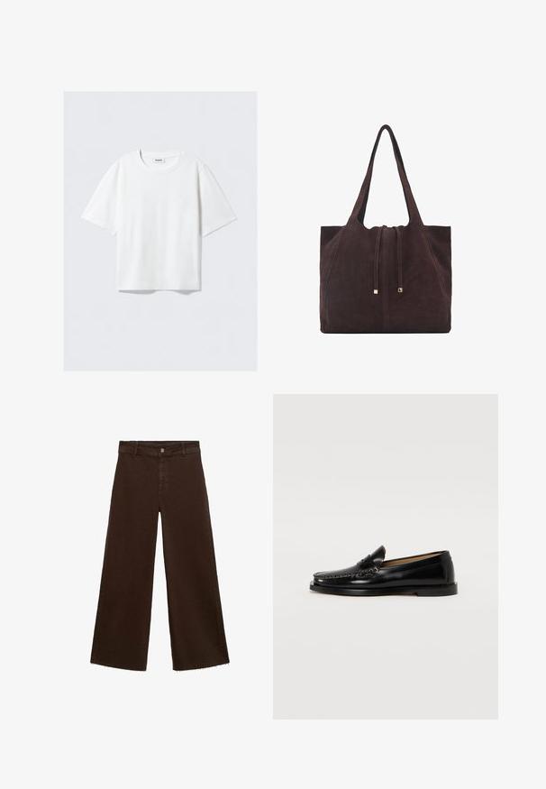 Witte t-shirt met korte mouwen van zachte katoen, met een ronde halslijn en een ontspannen pasvorm met rechte zoom, eenvoudig zonder patronen of graphics.; Bruine wijde broek in katoenmix, met een rafelige zoom, sluiting met een knoop aan de voorkant en een klassieke vijf-pocketstijl. Minimalistisch en veelzijdig.; Zwarte leren instapper met een afgeronde neus, decoratieve stiksels en een platte zool. Glad oppervlak en minimalistisch ontwerp.; Mango Shopper - dark brown