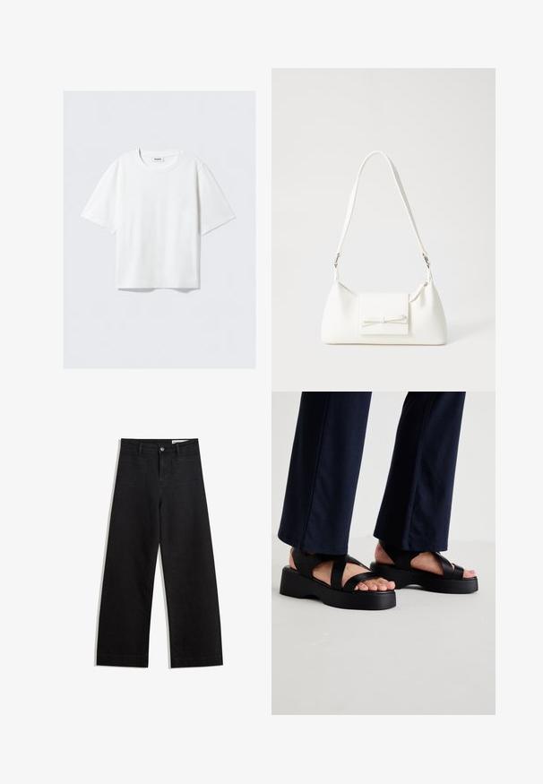Witte t-shirt met korte mouwen van zachte katoen, met een ronde halslijn en een ontspannen pasvorm met rechte zoom, eenvoudig zonder patronen of graphics.; Zwarte denim broek met wijde pijpen en een hoge taille, voorzien van voor- en achterzakken, gestikte naden en een knoopsluiting. Gladde textuur.; Zwarte platform sandaal met brede kruisbanden en een dikke zool. Het bovenwerk is gemaakt van glad materiaal en heeft een open neus ontwerp.; Witte synthetische handtas met een driehoekige vorm, platte voorklep en strikdetail, verstelbare schouderriem, gladde textuur en minimalistisch ontwerp.