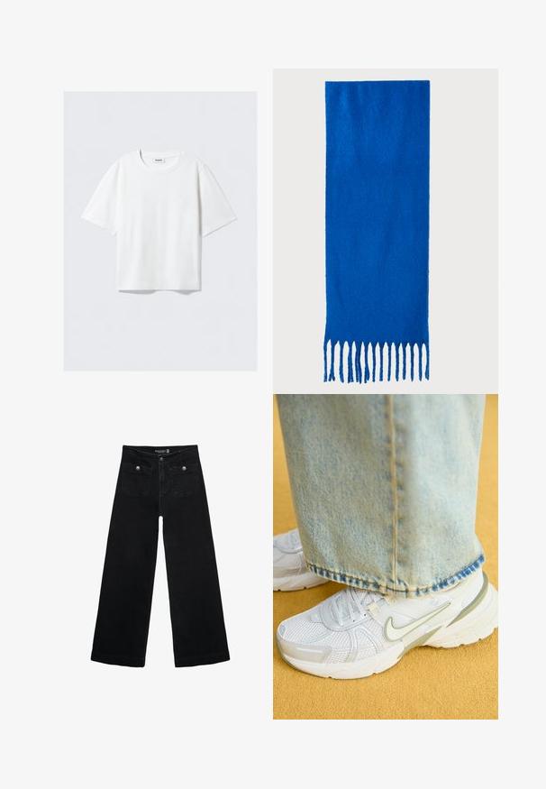 Weißes T-Shirt mit kurzen Ärmeln aus weichem Baumwollstoff, mit einem runden Ausschnitt und lässigem Schnitt mit geradem Saum, schlicht ohne Muster oder Grafiken.; Schwarze, weit geschnittene Jeans mit hoher Taille, die zwei Fronttaschen und metallene Knopfakzente aufweist. Der Stoff hat eine glatte Textur.; Weiße sportliche Sneaker mit Obermaterial aus Mesh, grünen Akzenten, strukturierten Sohlen, kombiniert mit hellblauen Jeans, die einen fransigen Saum haben.; Blauer gefranster Schal aus weichem Stoff; hat eine einfarbige Oberfläche mit strukturierter Textur und gleichmäßig geschnittenem Fransen am unteren Ende.; Schwarze Lederhandtasche mit strukturiertem Design, oberem Griff und einem goldenen Metallschnappverschluss auf der Vorderseite. Glatte Textur, minimale Nähte.