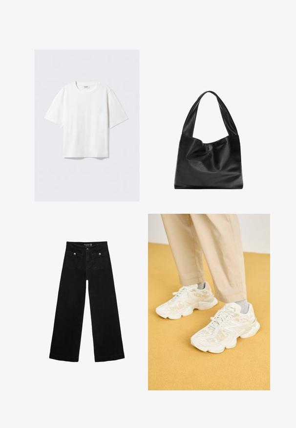 Biele tričko s krátkym rukávom z jemnej bavlnenej tkaniny, s okrúhlym výstrihom a uvoľneným strihom so rovnými okrajmi, jednoduché bez vzorov alebo grafiky.; Čierne široké nohavice s vysokým pásom, s dvoma prednými vreckami a kovovými detailmi na gombíku. Tkanina má hladkú textúru.; Biele športové tenisky s textúrovaným zvrškom, ktorý obsahuje jemné vzory, zaoblený tvar a polstrovanú podrážku, skombinované s béžovými nohavicami.; Čierna kožená kabelka s mäkkým a voľným dizajnom, širokými popruhmi a hladkým povrchom. Žiadne viditeľné hardvérové prvky ani ozdoby.