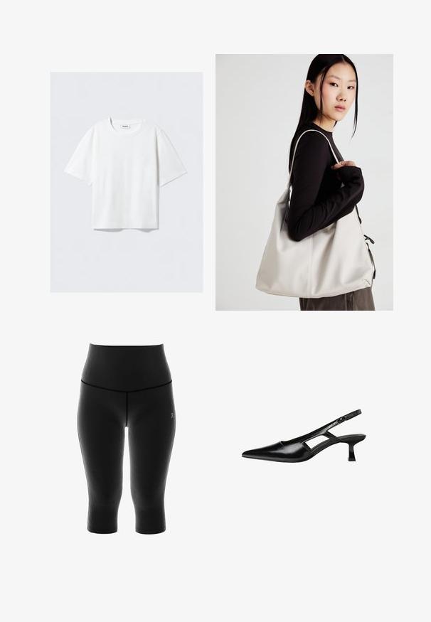 Weißes T-Shirt mit kurzen Ärmeln aus weichem Baumwollstoff, mit einem runden Ausschnitt und lässigem Schnitt mit geradem Saum, schlicht ohne Muster oder Grafiken.; Hochtaillierte schwarze Capri-Leggings aus Stretchstoff, mit glatter Textur und minimalen Nahtdetails. Logo an der Seite gedruckt.; Schwarze Lackleder-Slingback-High Heels mit spitzer Zehenform, ausgeschnittenem Seitendesign und kleinem Blockabsatz. Glatte Textur mit minimalen Akzenten.; Beige Handtasche aus weichem Material, mit einem lässigen Design, gesteppten Details und zwei Schulterriemen. Geeignet für den täglichen Gebrauch.