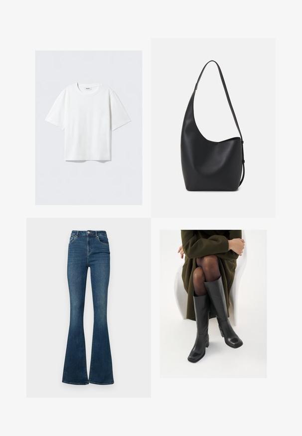 Valkoinen lyhythihainen t-paita pehmeästä puuvillakankaasta, jossa on pyöreä pääntie ja rento istuvuus suoran helman kanssa, yksinkertainen ilman kuvioita tai grafiikkaa.; Tummansiniset leveälahkeiset farkut korkealla vyötäröllä, valmistettu denimistä, etutaskut ja nappikiinnitys. Kulutettu pinta helman läheisyydessä.; Polvisuoja mustat nahastossud, millel on ruudukujuline varvas ja plokk-kints, on esitatud mudeli seljas, kes istub oliivrohelises mantlis. Sile tekstuur, minimaalne detailitus.; Musta nahkainen hobo-laukku, jossa on sileä pinta, kaareva muoto ja yksi säädettävä olkahihna; sisäänkäynti on leveä ylhäältä.; Hopea rengas korvakorut, joissa on tyylikäs, pyöreä muotoilu, tasainen pinta ja ilman näkyviä koristeita. Halkaisija ei ole määritelty.