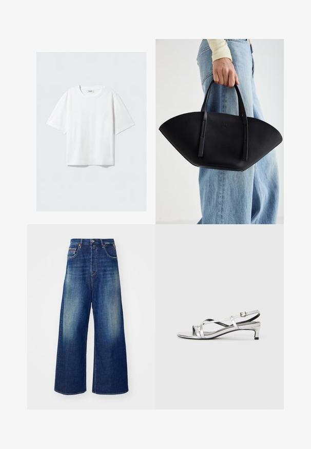 Balts īsām piedurknēm T-krekls no mīksta kokvilnas auduma, ar apaļu kakla izgriezumu un brīvu piegriezumu, taisnu apakšmali, vienkāršs, bez rakstiem vai grafikām.; Plašas džinsu bikses tumši zilā krāsā ar gaišu nodilumu, piecām kabatām un kontrastējošiem šuvēm. Pogas un rāvējslēdzējs priekšpusē.; Sudraba metāliska slēgta papēža sandale ar zemu papēdi, kurai ir krustveida siksnas un gluda virsma. Minimalistisks dizains.; Melnas ādas rokassoma ar unikālu ventilatora formu, aprīkota ar plakaniem rokturiem. Virsma ir ar graudainu faktūru un minimālistisku dizainu.