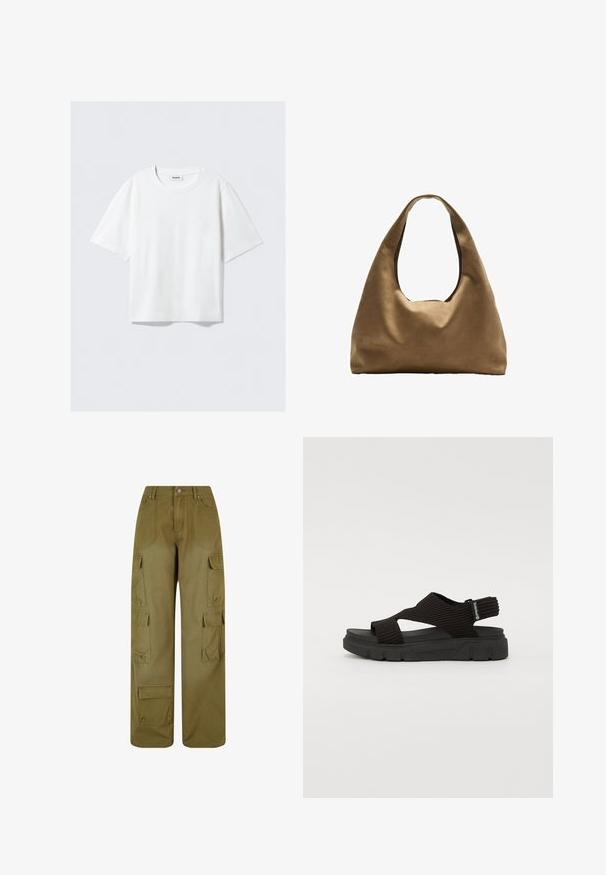 T-shirt bianco a maniche corte in morbido cotone, con scollatura rotonda e vestibilità rilassata con orlo dritto, semplice e senza fantasie o grafiche.; Pantaloni cargo verde oliva realizzati in tessuto resistente; presentano gambe larghe, numerose tasche laterali e una chiusura con bottone frontale.; Sandalo nero con una parte superiore in elastico testurizzato, ampie cinghie incrociate e una suola in gomma chunky con un motivo di battistrada definito.; Borsa a spalla in tessuto marrone con un corpo ampio e arrotondato e una grande maniglia a taglio. Texture morbida, design minimalista e senza hardware visibile.