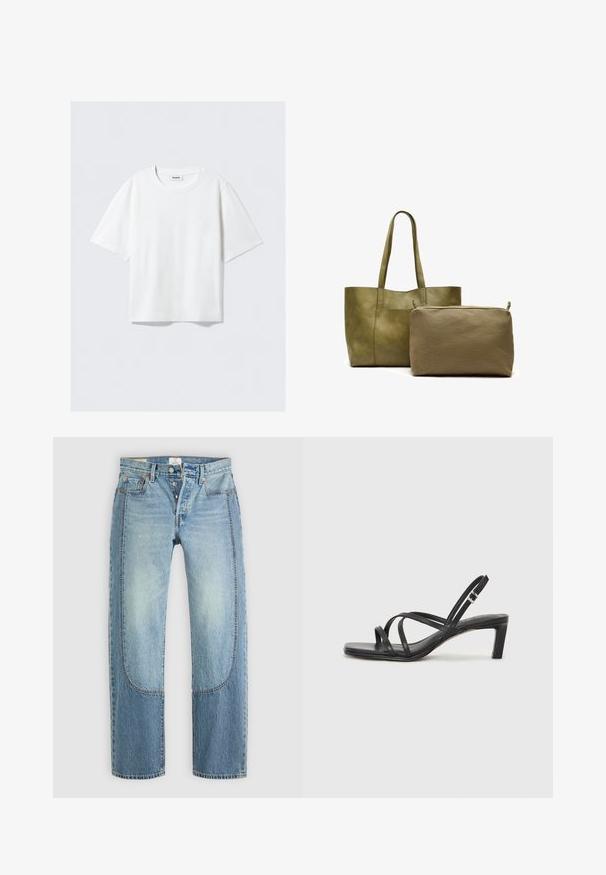 Balta trumpa rankovė t-shirt marškiniai iš minkštos medvilnės, su apvaliu kaklu ir laisvu siluetu, tiesia apatine dalimi, be raštų ar grafikų.; Šviesiai mėlyni džinsai su tiesiu, laisvu pritaikymu, su kontrastu išskirtiniais intarpais ir penkių kišenių dizainu. Mygtukų užsegimas.; Juodi šlepetės su kvadratiniu pirštu ir žemu bloku kulnu. Yra keli ploni dirželiai ir reguliuojamas kulkšnies diržas. Pagaminti iš lygios odos.; Olive spalvos odinė rankinė su dviem rankenomis, šalia mažesnės olive spalvos audinės kišenės su užtrauktuku. Lygūs ir tekstūruoti paviršiai.