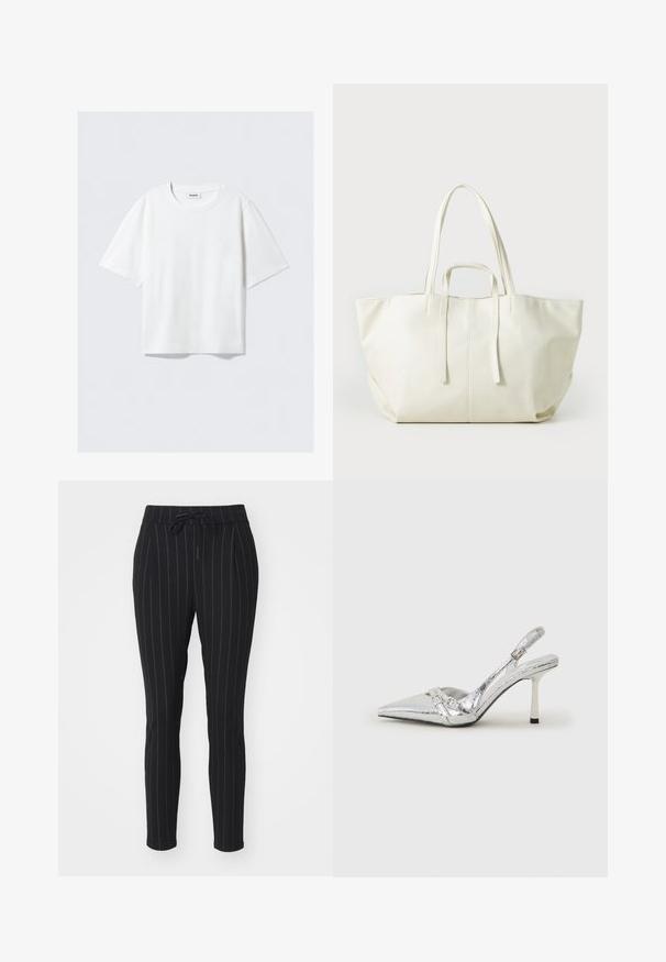 T-shirt bianco a maniche corte in morbido cotone, con scollatura rotonda e vestibilità rilassata con orlo dritto, semplice e senza fantasie o grafiche.; Pantaloni neri con righe verticali bianche, realizzati in un materiale morbido, dotati di una vita con coulisse e design a gamba affusolata.; Scarpe con tacco alto slingback argento con punta affusolata, finitura metallica, due cinturini decorativi e un tacco sottile con punta nera.; Grande borsa a tote bianca realizzata in materiale sintetico testurizzato, con due manici lunghi, apertura superiore e design minimalista.