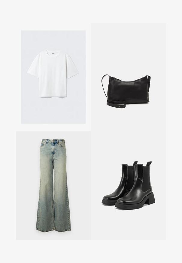 Valkoinen lyhythihainen t-paita pehmeästä puuvillakankaasta, jossa on pyöreä pääntie ja rento istuvuus suoran helman kanssa, yksinkertainen ilman kuvioita tai grafiikkaa.; Vaaleansiniset väljät farkut, joissa on korkeavyötärö, haalistunut pesu ja sivutaskut näkyvillä ompeleilla.; Mustat nahkaiset Chelsea-kengät paksulla korolla, joustavilla sivupaneeleilla ja kontrastilla valkoisella ompelulla. Teksturoitu pinta.; Musta nahkainen olkalaukku, jossa on sileä pinta, kaareva muoto, säädettävä hihna ja vetoketjukiinnitys. Minimalistinen muotoilu ilman koristeita.