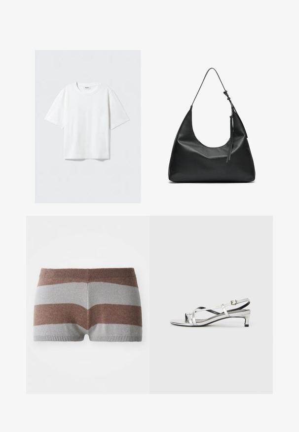 Valkoinen lyhythihainen t-paita pehmeästä puuvillakankaasta, jossa on pyöreä pääntie ja rento istuvuus suoran helman kanssa, yksinkertainen ilman kuvioita tai grafiikkaa.; Kudotut lyhyet housut harmaissa ja ruskeissa raidoissa. Niissä on tiukka vyötärö ja sileä pinta, sekä erottuva väriläiskä.; Hopeasaumaiset nilkkapanta-sandaalit matalalla korolla, joissa on ristikkäiset hihnat ja sileä pinta. Minimalistinen muotoilu.; Musta nahkainen olkalaukku, jossa on kaareva muoto, sileä pinta ja pitkä säädettävä hihna. Sisältää hienovaraisen solmupainatuksen ja minimalistisen muotoilun.