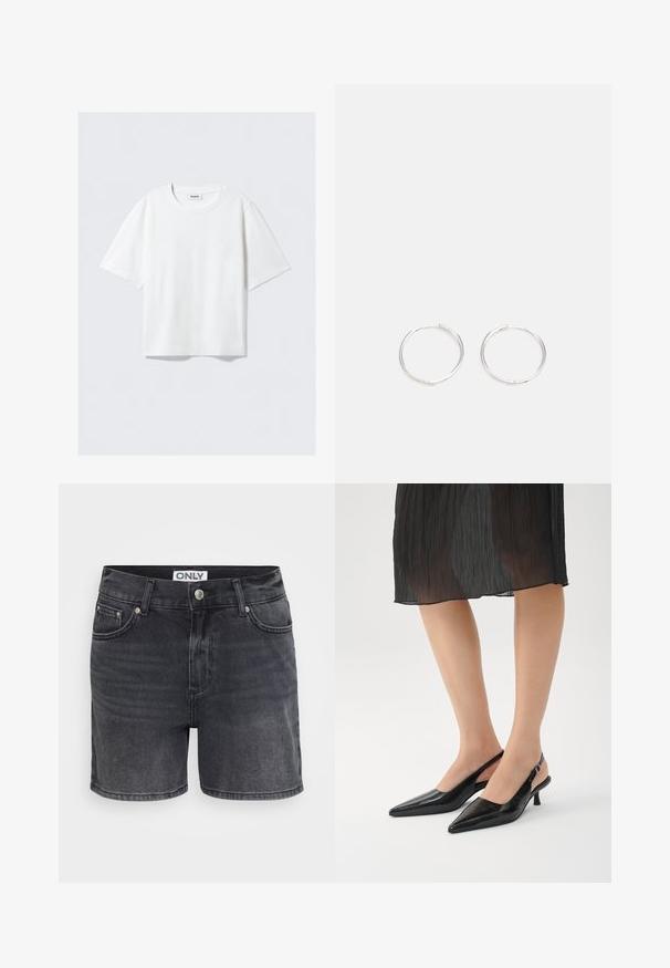 Biele tričko s krátkym rukávom z jemnej bavlnenej tkaniny, s okrúhlym výstrihom a uvoľneným strihom so rovnými okrajmi, jednoduché bez vzorov alebo grafiky.; Čierne denimové šortky s klasickým dizajnom, s piatimi vreckami, predným zapínaním na gombík a jemným detailom na odreninách.; Čierne lodičky s špicatou špičkou a otvorenou pätou, s lesklým povrchom a štíhlým podpätkom. Na vrchnej časti je textúrovaný vzor.; Strieborné kruhové náušnice s elegantným, okrúhlym dizajnom, s hladkým povrchom a bez viditeľných ozdôb. Priemer nie je špecifikovaný.