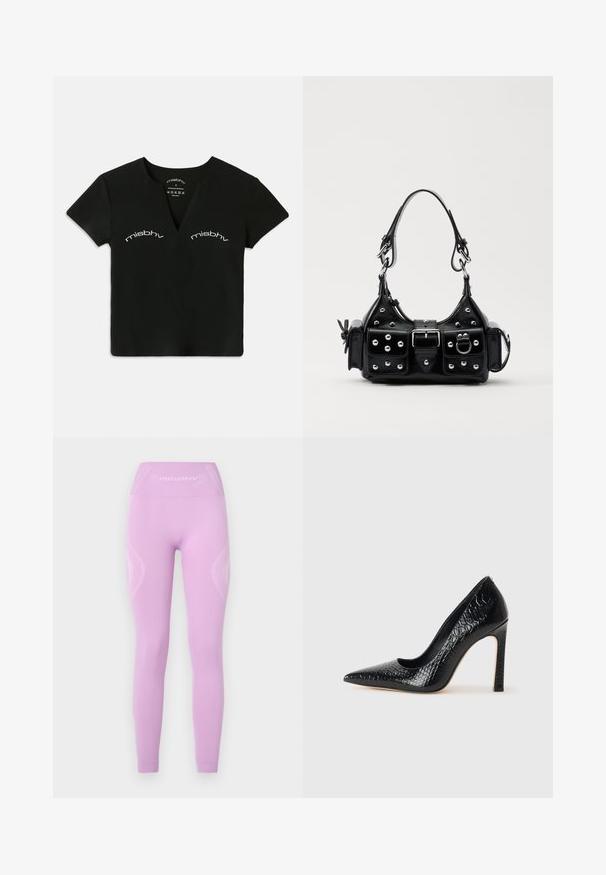 Mustard värvi lühikeste varrukate ja V-kaelusega lühike topp, millel on valge "misbhv" tekst prinditud kaks korda rinnapiha kohal.; Heledad hallatused heledad lillad leggingsid, millel on kõrge vöökoht, tekstureeritud külgdetailid ja maheda logoga esiküljel, valmistatud venivast kangast.; Mustan teravaotsaga kõrge kontsaga king, millel on krokodillimustriga tekstuur, stiilne disain, kõrge stilettokonts ja sile must sisesisustus.; Must värvi nahast käekott, millel on kaarjas disain, hõbedased nupukesed, kinnitusahe ja kaks külgtaskut. Reguleeritav rihm erinevate kandmisvõimaluste jaoks.