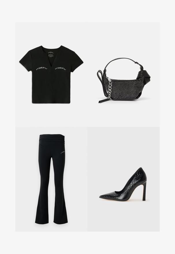 Černý cropped top s krátkým rukávem a výstřihem do V s bílým nápisem "misbhv" vytištěným dvakrát nad oblastí hrudi.; Černé rozšířené jóga kalhoty s nařaseným páskem a malým bílým logem na horním stehně, vystavené na jednoduchém bílém pozadí.; Černý lodičkový bot s špičatou špičkou, pokrytý texturou krokodýlí kůže, s elegantním designem, vysokým stiletto podpatkem a hladkým černým interiérem.; Černá kabelka s cvočky, řetízkem a hladkým koženým držadlem, kulatého tvaru a se zipovou kapsou.