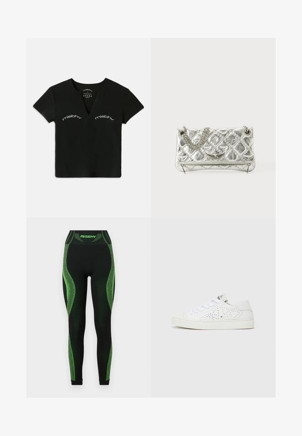 Zwarte crop top met korte mouwen en V-hals, met in het wit "misbhv" tekst die twee keer boven het borstgebied is gedrukt.; MISBHV Legging - black/green; Witte lage sneakers met geperforeerd ontwerp, platte veters en een gestructureerde rubberen zool. Kenmerkt zich door een minimalistische stijl en een zachte afwerking.; Zilverkleurige metalen handtas met kettinghandgreep, gequiltte textuur, decoratieve stiksels en een ritssluiting. Kenmerkt gegraveerde accenten aan de voorkant.