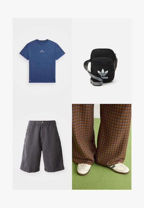 Navy blue cotton t-shirt with short sleeves, crew neckline, and "Polo Ralph Lauren" embroidered in white on the chest. Small logo at hem.; Dark gray cotton shorts with a relaxed fit, featuring a button closure, belt loops, and side pockets, designed with a simple hem.; Brown and blue plaid wide-leg trousers paired with white shoes featuring black accents and textured soles, set against a green background.; Black fabric crossbody bag with a zipper closure, featuring a white Adidas logo and a striped adjustable strap for easy carrying.