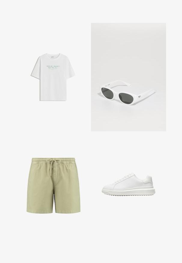 White cotton t-shirt featuring a relaxed fit, round neck, and light green text: “FRESH AIR, PLAYLIST, FREE TIME, etc...” on the front.; Light green shorts made of soft fabric, featuring an elastic waistband with a drawstring, side pockets, and a relaxed fit.; White sneaker with a smooth synthetic upper, round toe, flat laces, textured sole, and a layered, platform design for added height.; White sunglasses with rounded frames and dark lenses. Features a smooth plastic texture and small logo on the temple.